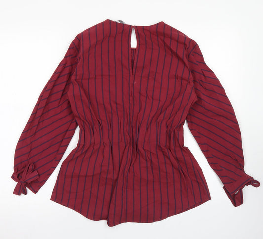 M&S Womens Red Striped Cotton Basic Blouse Size 8 Crew Neck