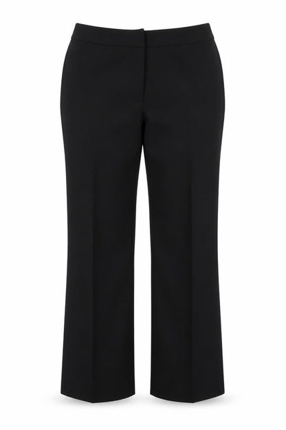 Front view of Marks & Spencer women’s black polyester dress pants trousers, size UK 16, 30-inch leg regular hook & eye