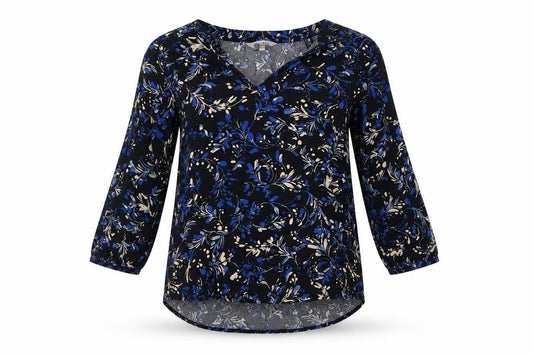 Front view of Part Two women’s blue floral viscose basic blouse, size UK 6, v-neck