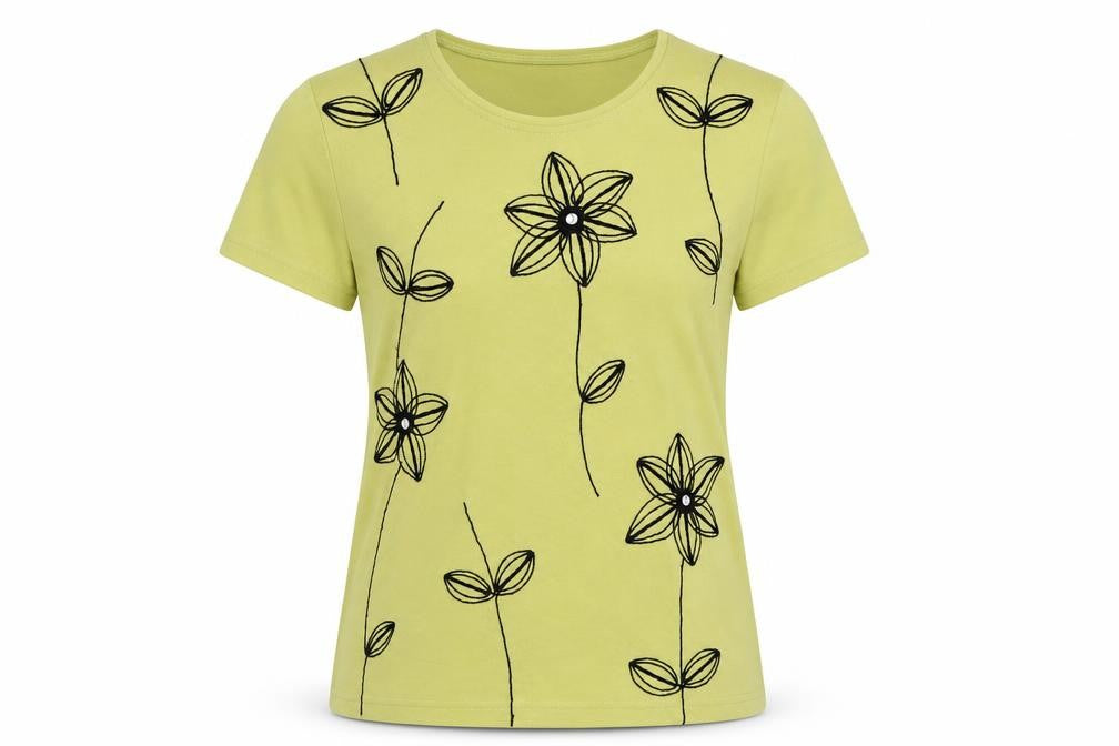 Front view of Marble women’s green floral cotton basic t-shirt, size XS, round neck