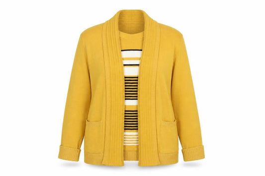 Front view of pure & natural women’s yellow round neck striped acrylic cardigan jumper, size M, - cardigan and top all in one