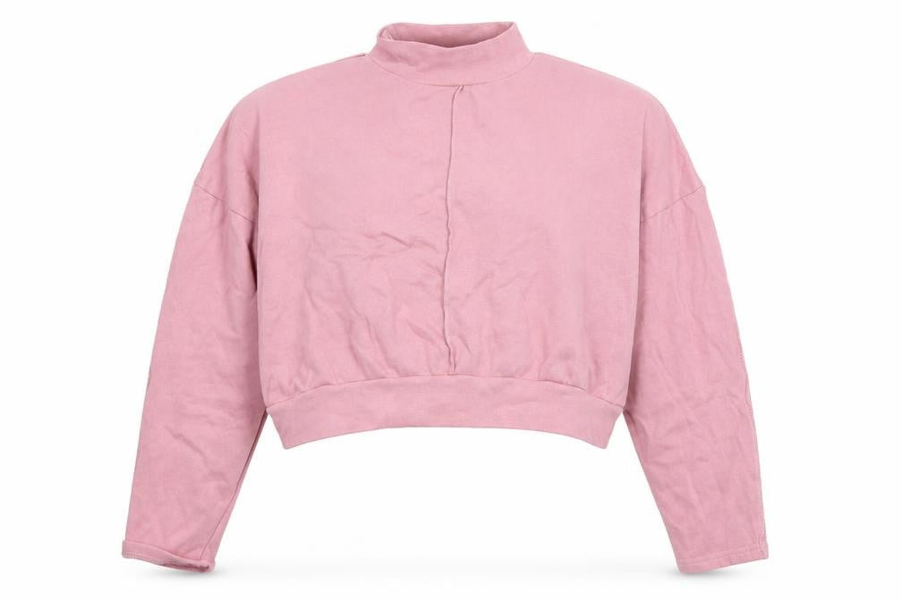Front view of Boohoo women’s pink cotton pullover sweatshirt, size L, - cropped