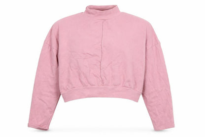 Front view of Boohoo women’s pink cotton pullover sweatshirt, size L, - cropped