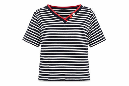 Front view of Jumper women’s multicoloured striped viscose basic t-shirt, size S, v-neck