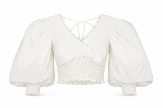 Front view of QED London women’s white cotton cropped blouse, size S, v-neck