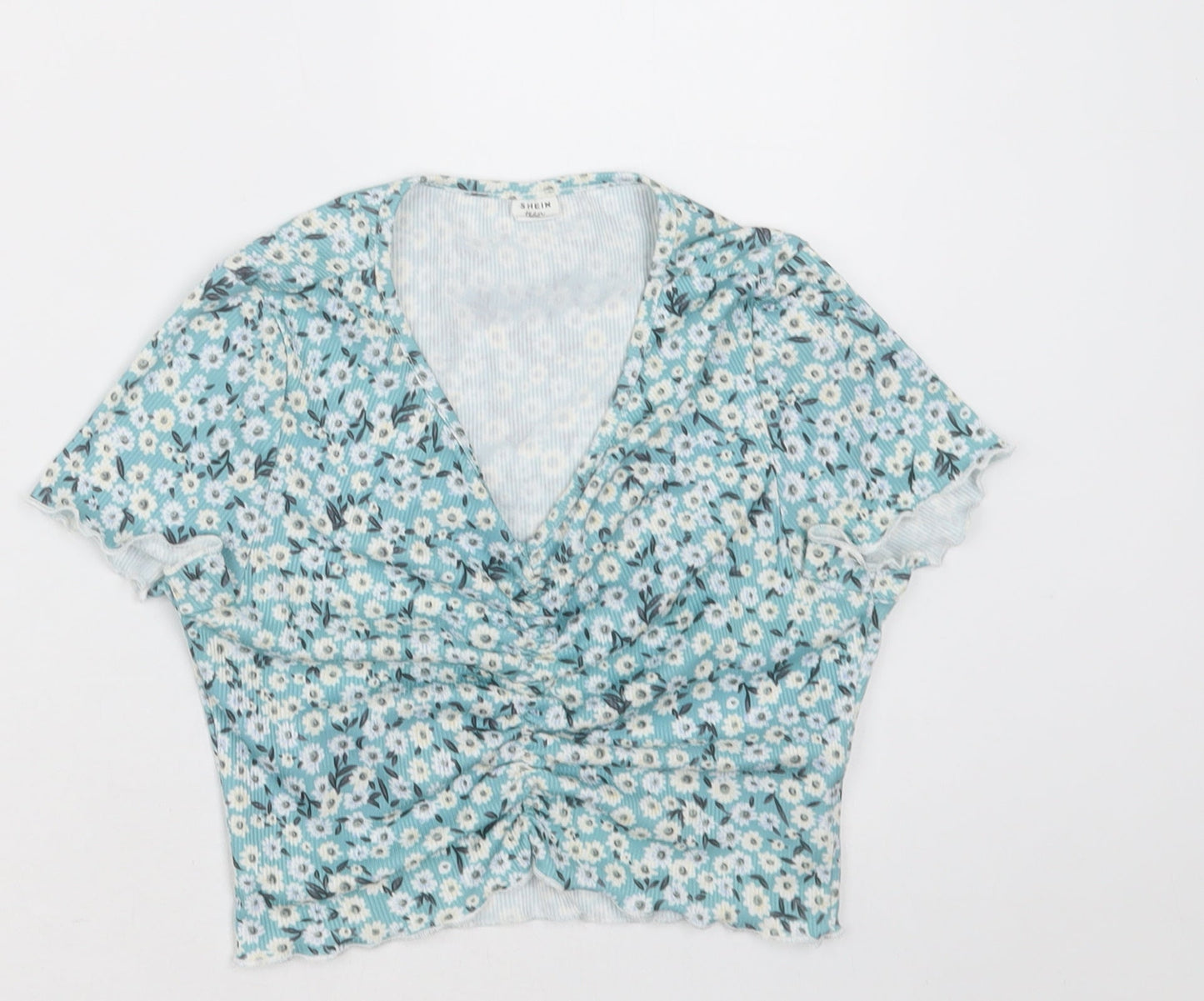 hsein Girls Blue Floral Polyester Cropped T-Shirt Size 14 Years V-Neck Pullover