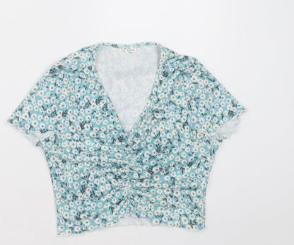 hsein Girls Blue Floral Polyester Cropped T-Shirt Size 14 Years V-Neck Pullover