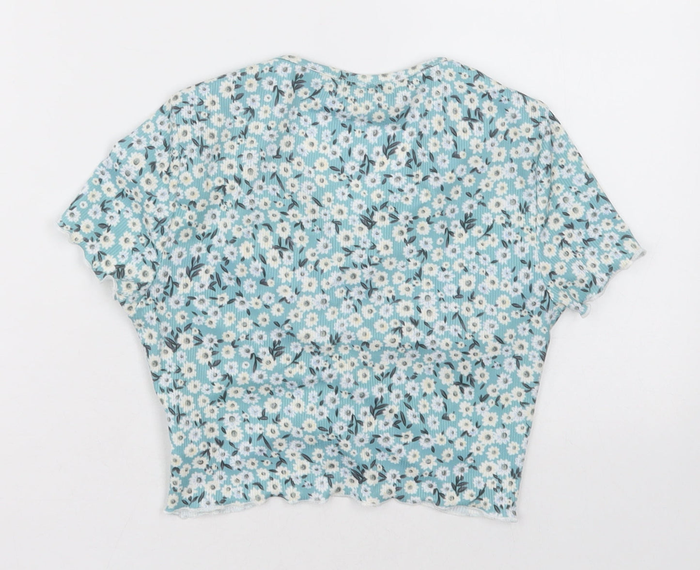 hsein Girls Blue Floral Polyester Cropped T-Shirt Size 14 Years V-Neck Pullover