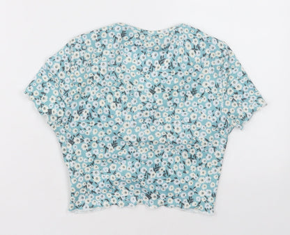 hsein Girls Blue Floral Polyester Cropped T-Shirt Size 14 Years V-Neck Pullover