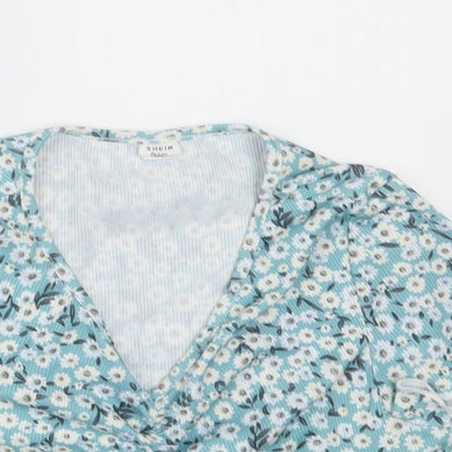hsein Girls Blue Floral Polyester Cropped T-Shirt Size 14 Years V-Neck Pullover