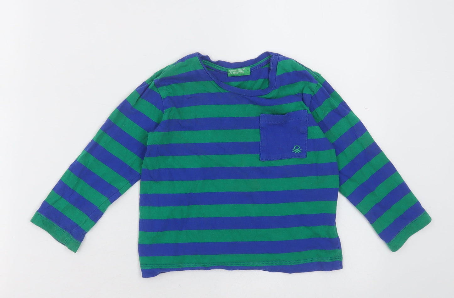 United Colours of Benetton Boys Green Striped Cotton Basic Casual Size 2-3 Years Crew Neck Pullover