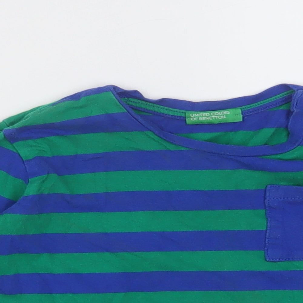 United Colours of Benetton Boys Green Striped Cotton Basic Casual Size 2-3 Years Crew Neck Pullover