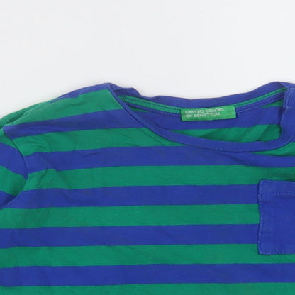 United Colours of Benetton Boys Green Striped Cotton Basic Casual Size 2-3 Years Crew Neck Pullover