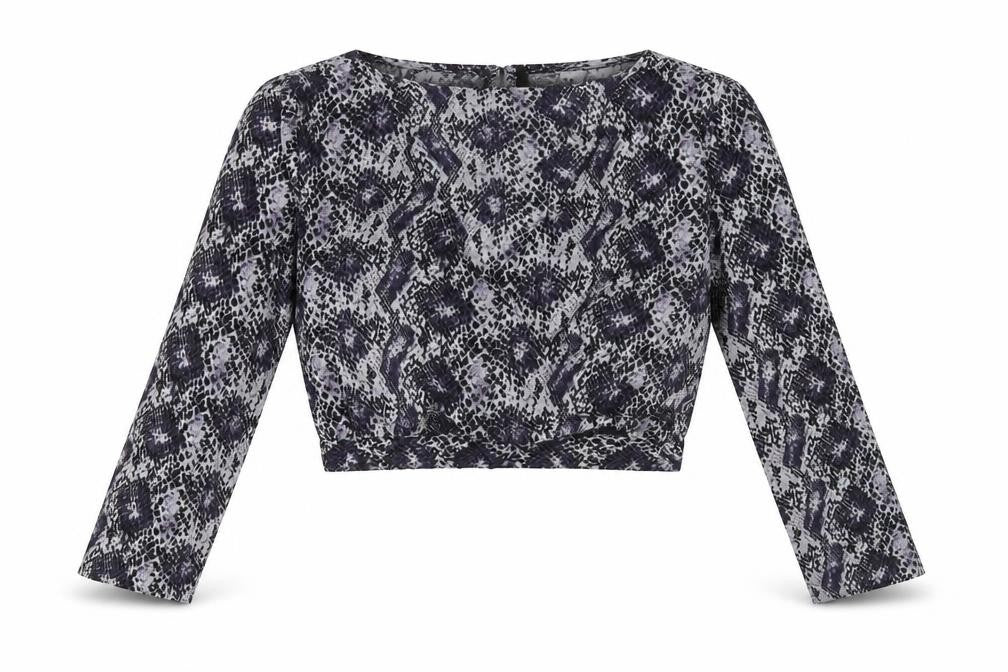 Front view of H&M women’s purple animal print polyester cropped blouse, size UK 8, v-neck