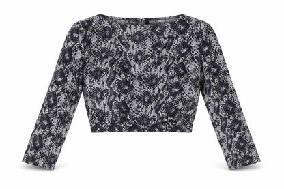 Front view of H&M women’s purple animal print polyester cropped blouse, size UK 8, v-neck