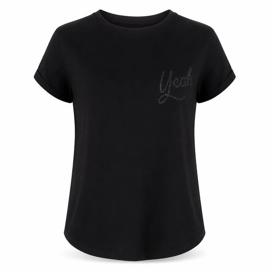 Front view of Pull&Bear women’s black polyester basic t-shirt, size S, crew neck - yeah
