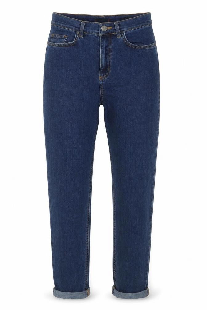 Front view of BDG women’s blue cotton mom jeans, size UK 25, 28-inch leg regular button