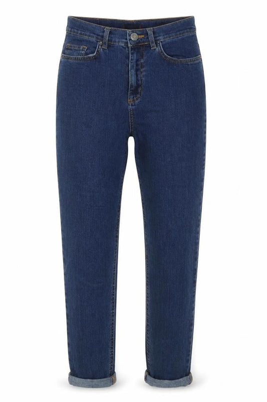 Front view of BDG women’s blue cotton mom jeans, size UK 25, 28-inch leg regular button