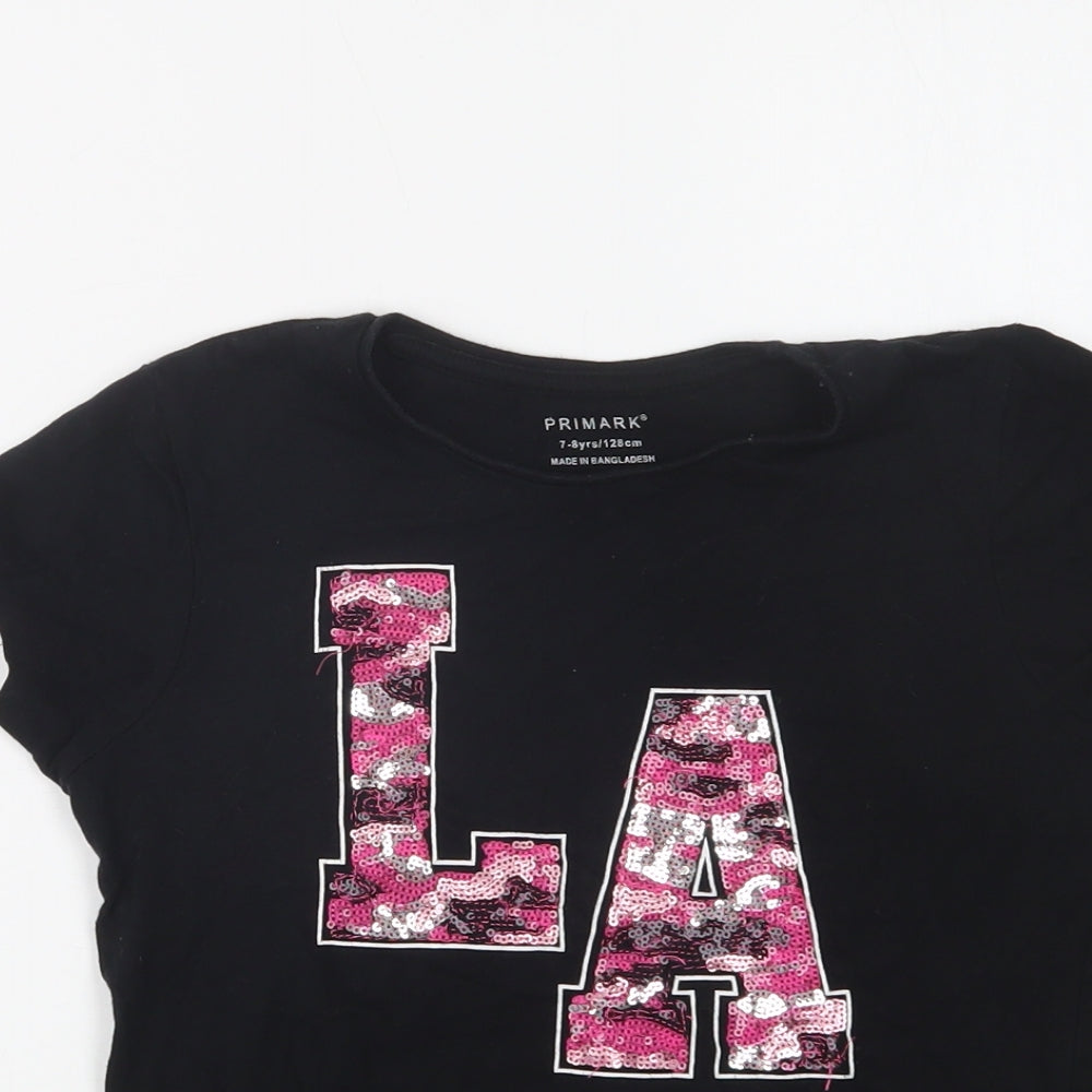 Primark Girls Black  Cotton Cropped T-Shirt Size 7-8 Years Crew Neck  - L.A.