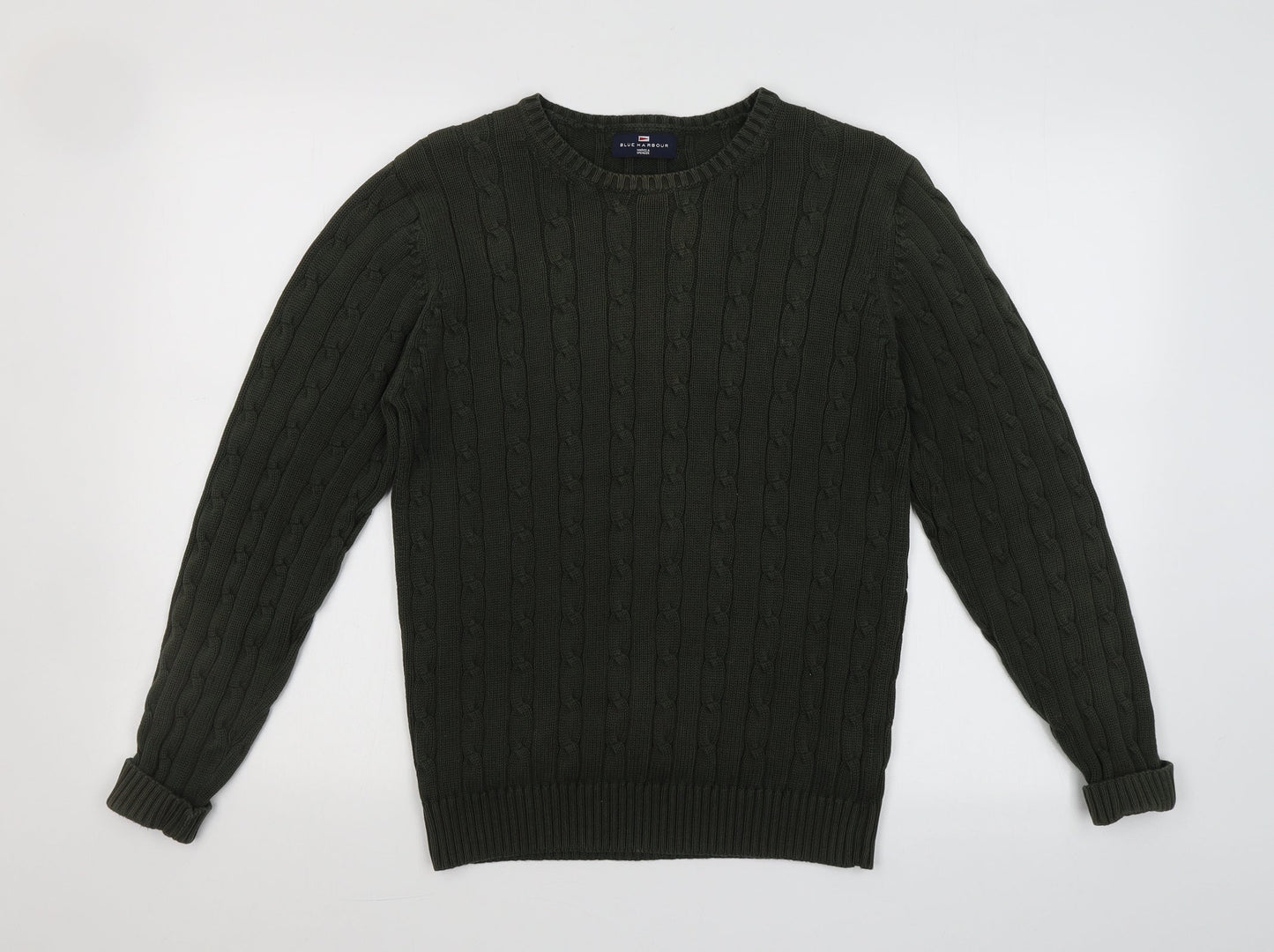 Blue Harbour Mens Green Round Neck  Cotton Pullover Jumper Size S