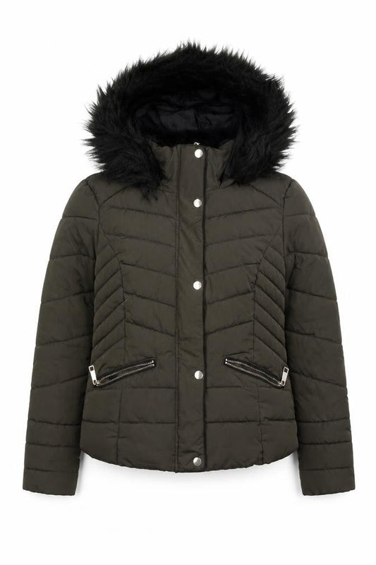 Front view of Primark women’s green quilted coat, size UK 4, lace up