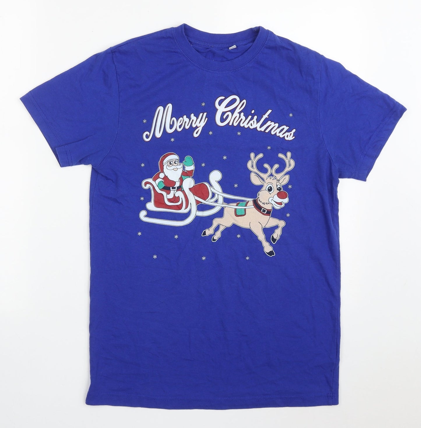 Preworn Mens Blue  Cotton  T-Shirt Size M Crew Neck  - Merry Christmas