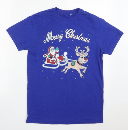 Preworn Mens Blue  Cotton  T-Shirt Size M Crew Neck  - Merry Christmas