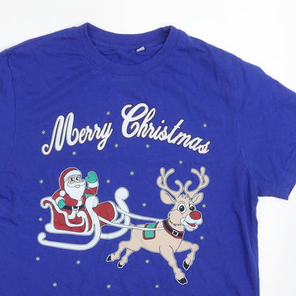 Preworn Mens Blue  Cotton  T-Shirt Size M Crew Neck  - Merry Christmas