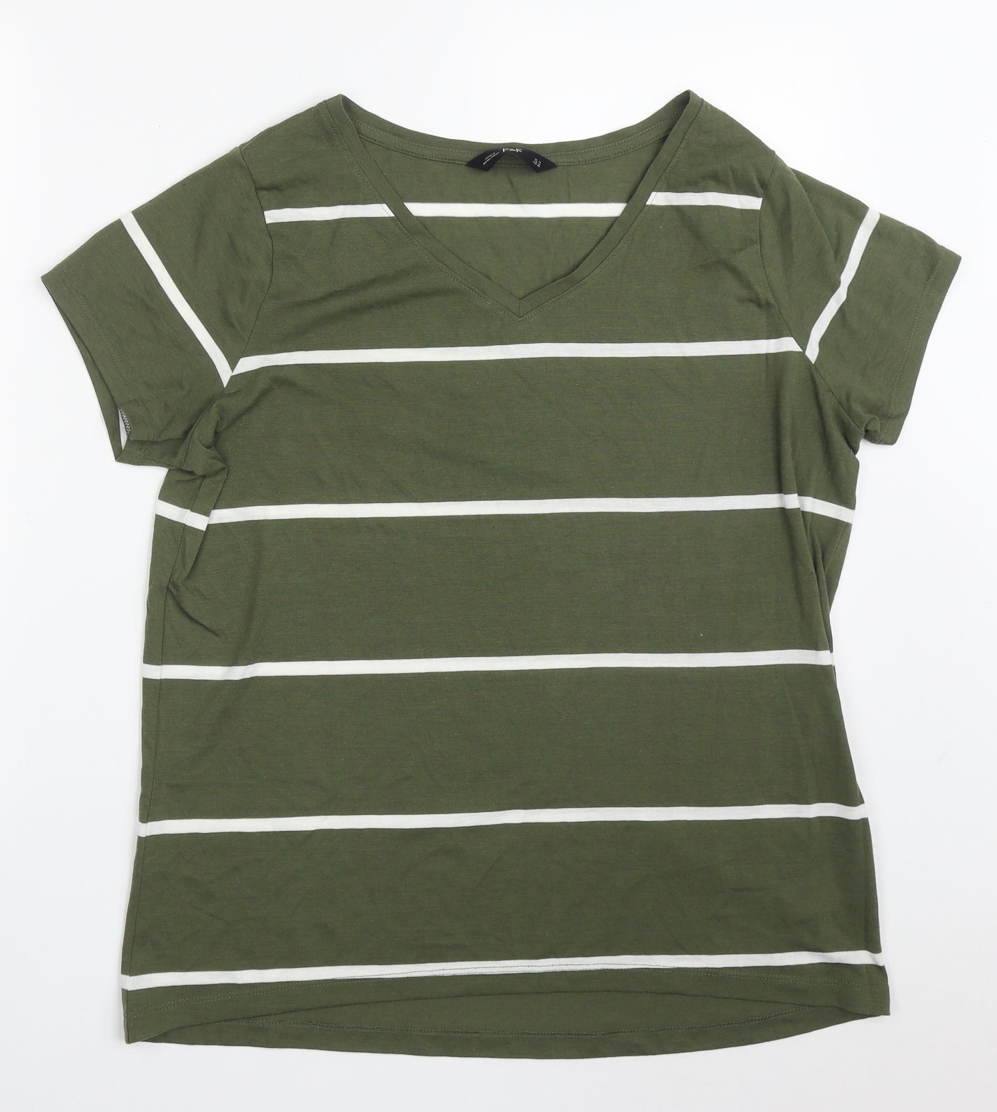 F&F Womens Green Striped Polyester Basic T-Shirt Size 14 V-Neck