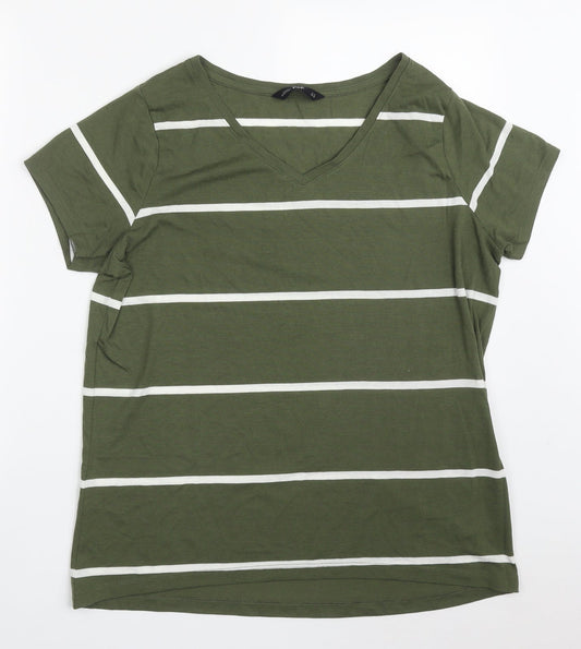 F&F Womens Green Striped Polyester Basic T-Shirt Size 14 V-Neck