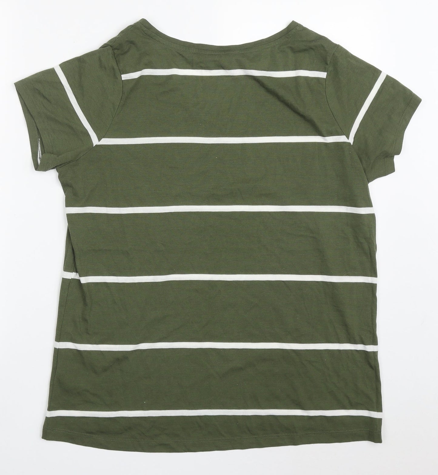F&F Womens Green Striped Polyester Basic T-Shirt Size 14 V-Neck