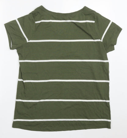 F&F Womens Green Striped Polyester Basic T-Shirt Size 14 V-Neck