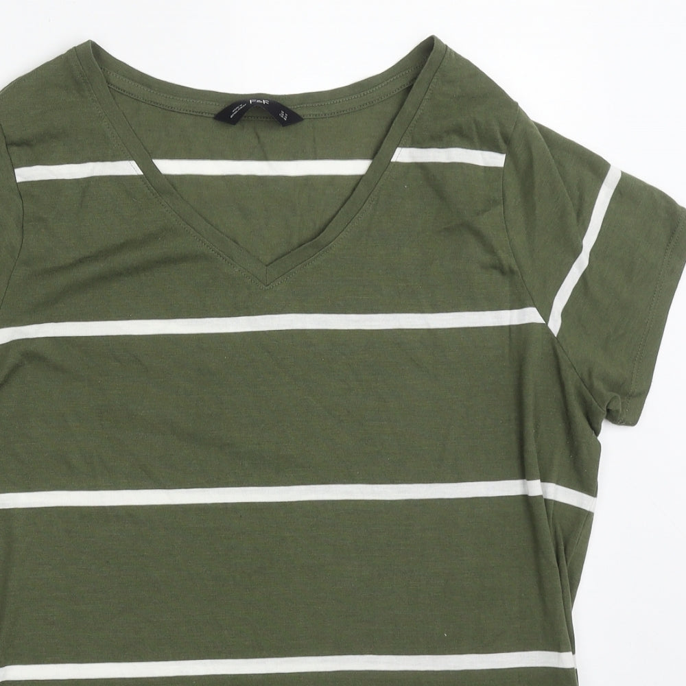 F&F Womens Green Striped Polyester Basic T-Shirt Size 14 V-Neck