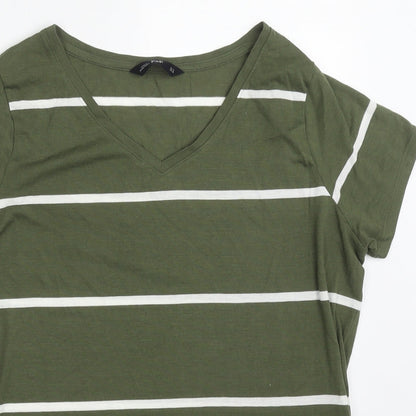 F&F Womens Green Striped Polyester Basic T-Shirt Size 14 V-Neck