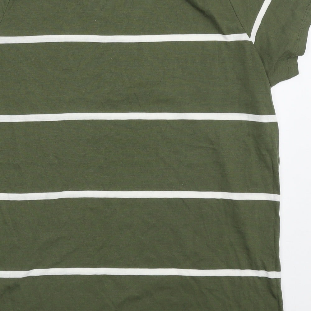 F&F Womens Green Striped Polyester Basic T-Shirt Size 14 V-Neck