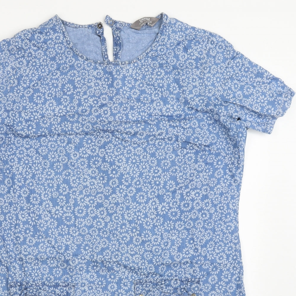 Dorothy Perkins Womens Blue Floral Cotton T-Shirt Dress  Size 14  Round Neck Pullover