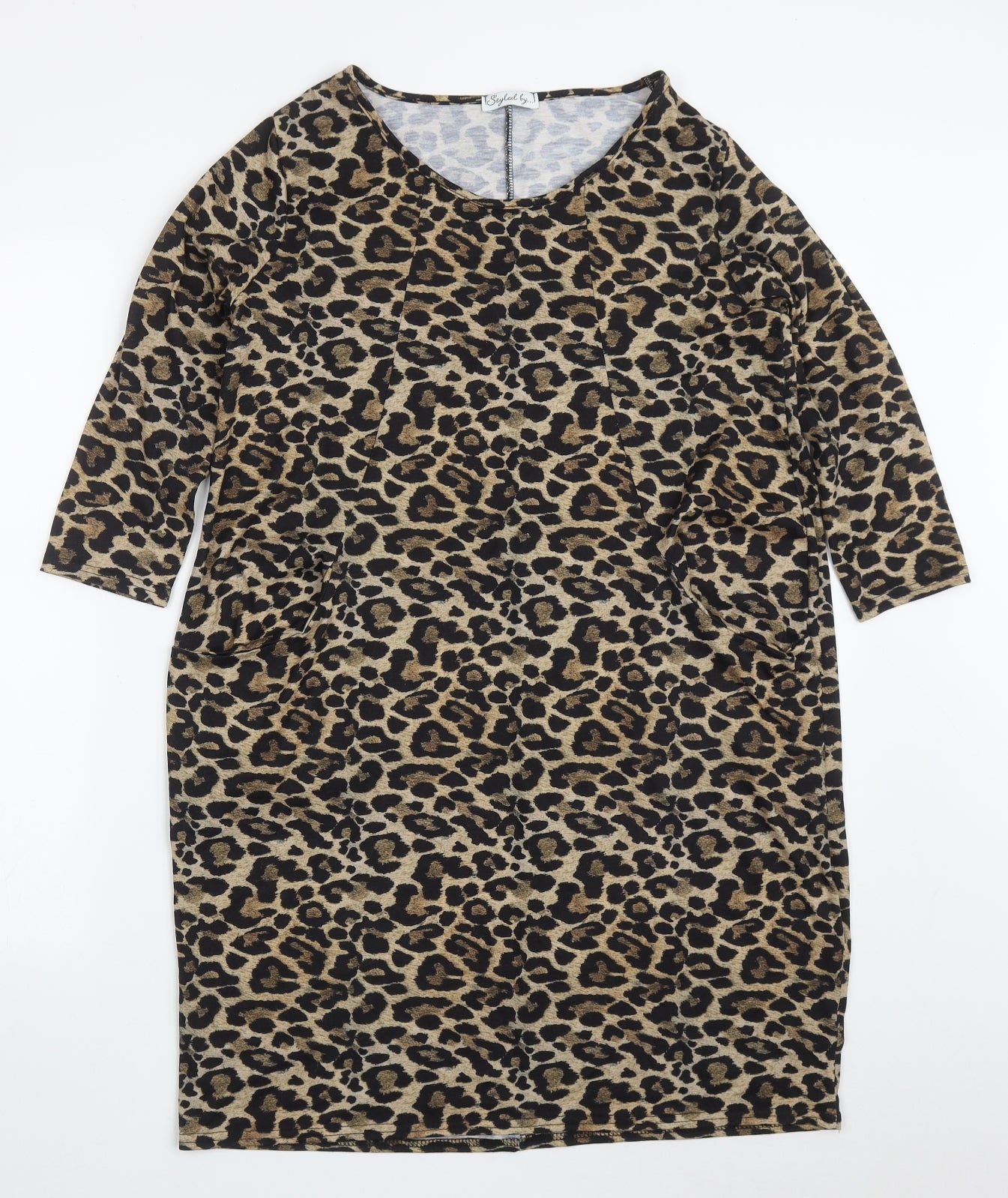 Styled By Womens Brown Animal Print Polyester T-Shirt Dress  Size M  Round Neck Pullover