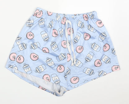 SheIn Womens Blue  Polyester Sweat Shorts Size M  Regular Drawstring - Doughnuts and Coffee Pyjama Shorts