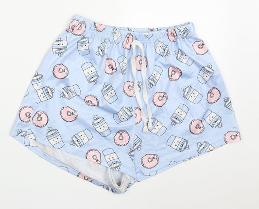 SheIn Womens Blue  Polyester Sweat Shorts Size M  Regular Drawstring - Doughnuts and Coffee Pyjama Shorts