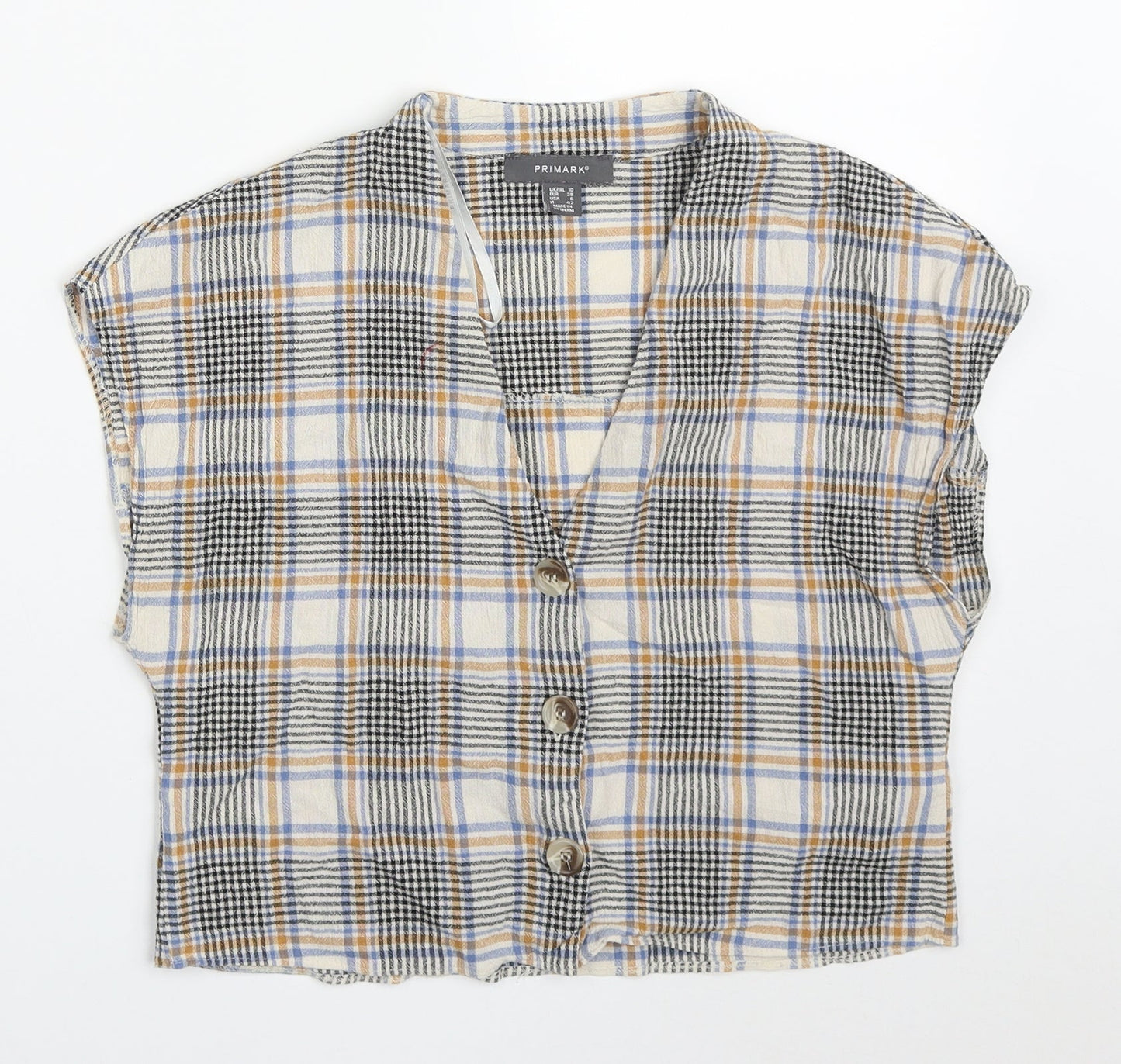 Primark Womens Beige Check Cotton Basic Button-Up Size 10 V-Neck