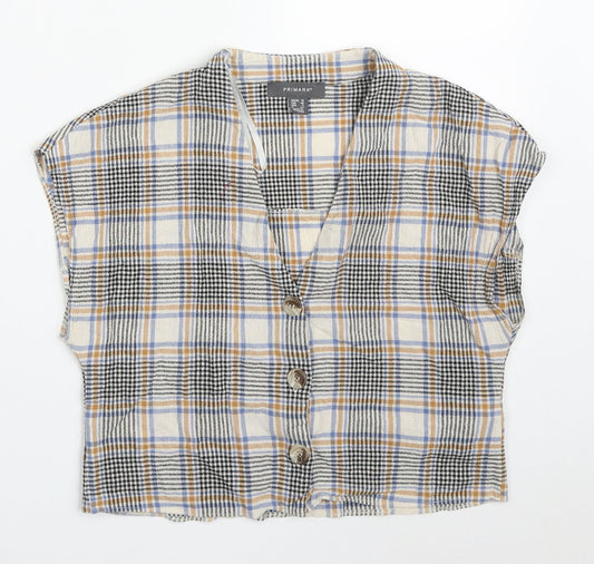 Primark Womens Beige Check Cotton Basic Button-Up Size 10 V-Neck
