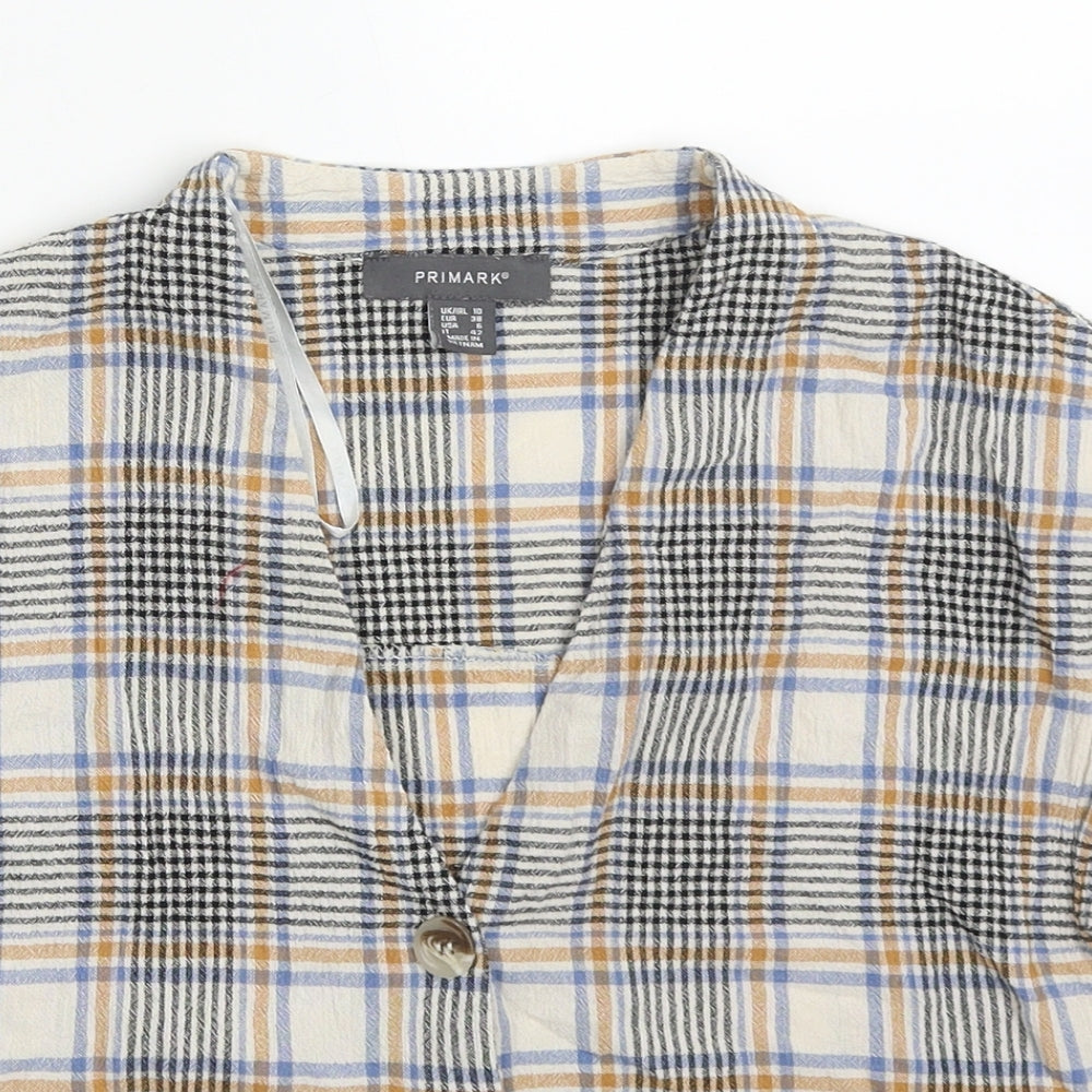 Primark Womens Beige Check Cotton Basic Button-Up Size 10 V-Neck