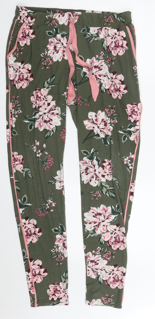 Primark Womens Green Floral Polyester Trousers  Size 10 L29.5 in Regular Drawstring - Pyjama Pants