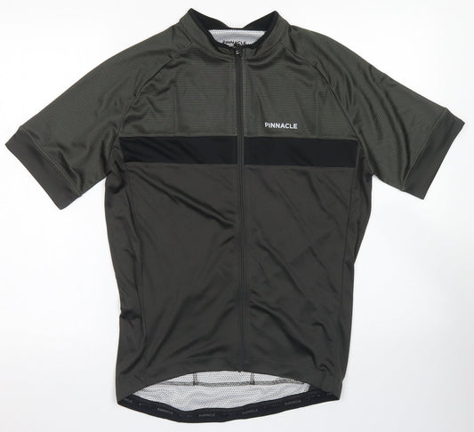 Pinnacle Mens Green  Polyester Basic T-Shirt Size L Crew Neck Zip
