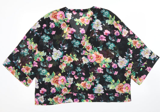 Jacqueline De Yong Womens Black Floral Polyester Cropped Blouse Size 12 V-Neck