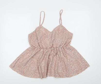 SheIn Womens Beige Animal Print Polyester Cropped Blouse Size L V-Neck