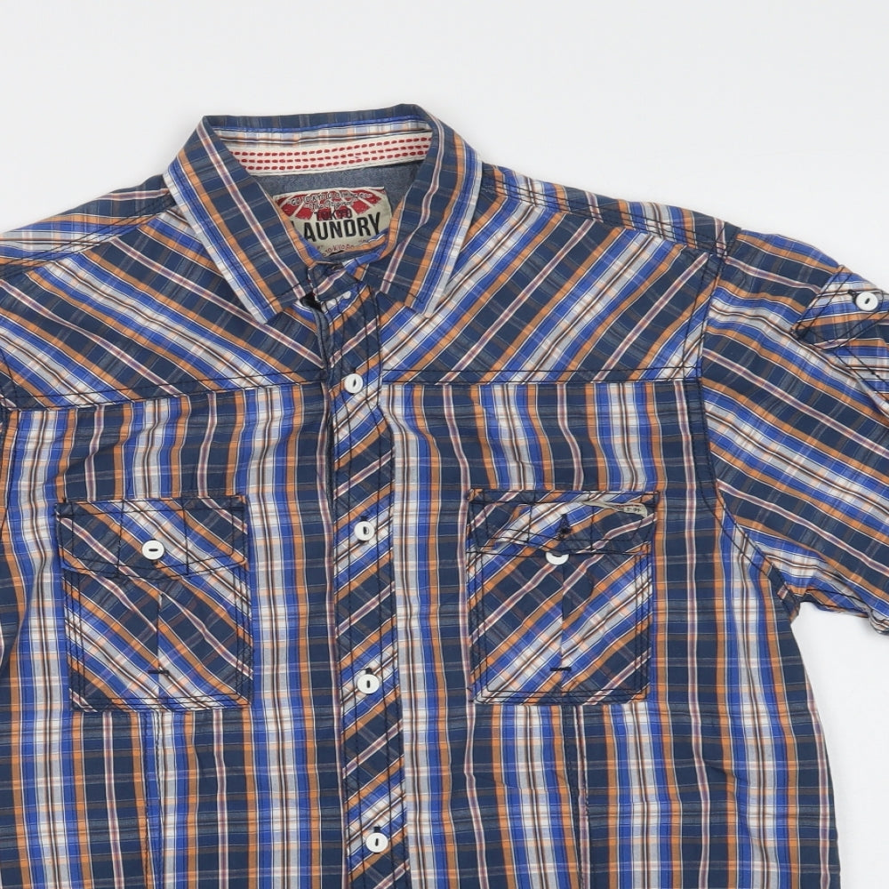 Tokyo Laundry Mens Blue Check Cotton  Button-Up Size M Collared Button