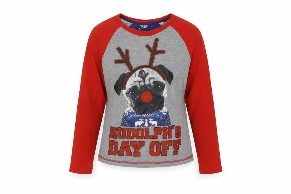 Front view of George girls’ grey colourblock cotton basic blouse, size 11-12, years crew neck - pug christmas