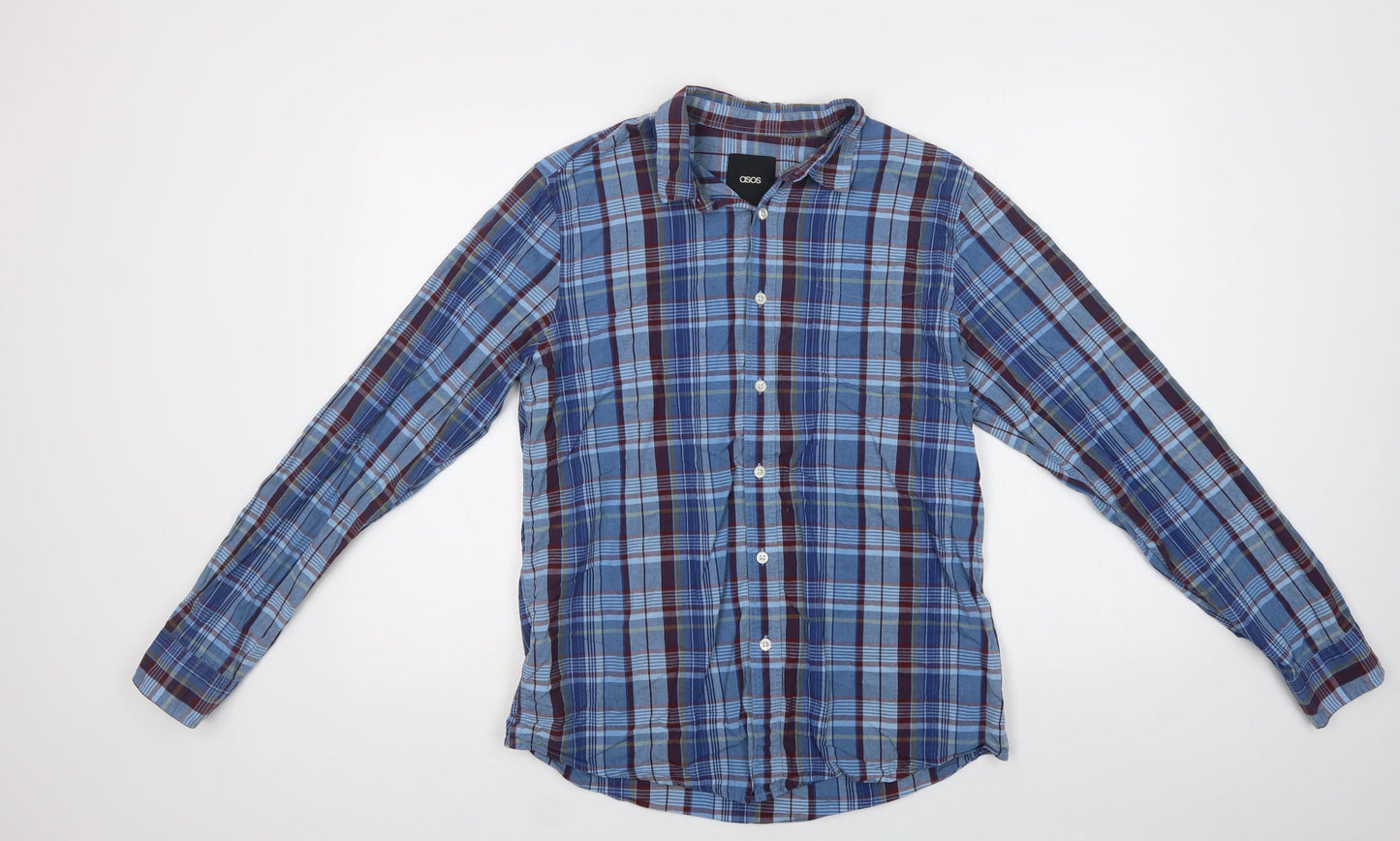 ASOS Mens Blue Check Cotton  Button-Up Size M Collared Button