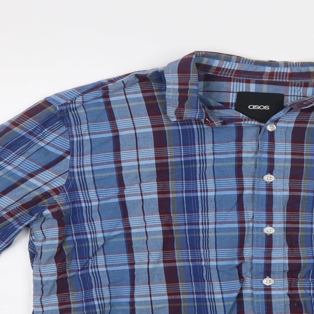 ASOS Mens Blue Check Cotton  Button-Up Size M Collared Button